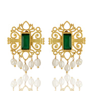 Green Shagun Ear Studs with Freshwater Pearls