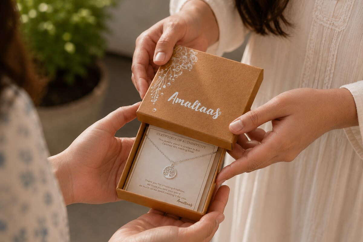 Amaltaas Tree of Life 92.5 sterling silver necklace in its gift box with the BIS certified 925 sterling silver certificate of authenticity