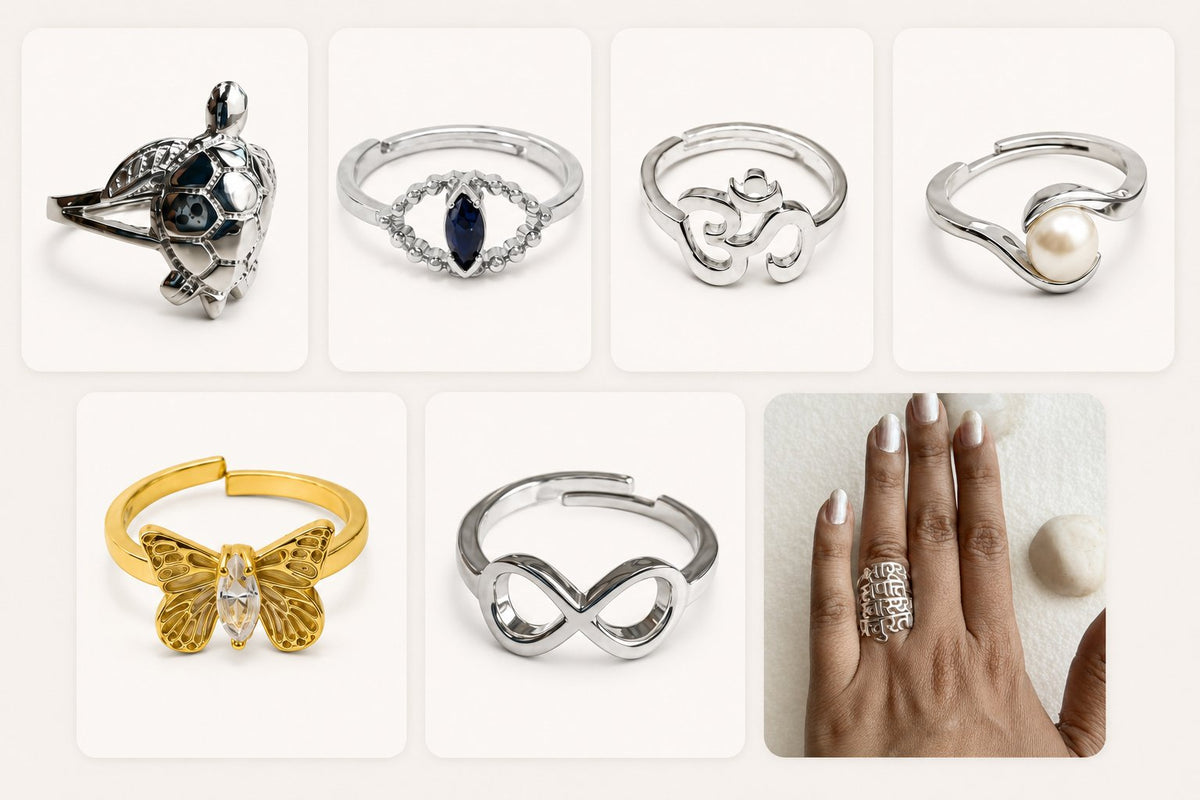 Seven Amaltaas silver rings for women — tortoise, nazar evil eye, OM, pearl, gold-plated butterfly, infinity, and the Shakti stack worn on hand