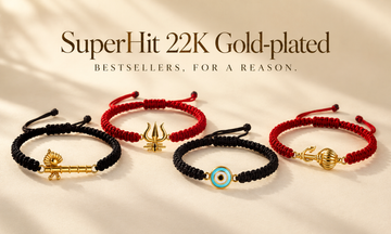 Amaltaas 22k gold-plated bracelets on red and black cords – Thakur ji Bansuri, Mahadev's Trishul, EvilEye and Gada – SuperHit bestsellers
