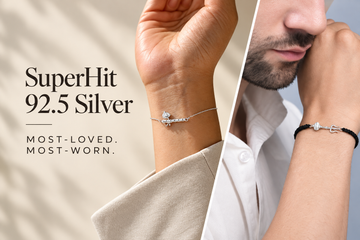 Woman wearing the Thakur Ji Bansuri 92.5 silver chain bracelet and man wearing the Shivastra 92.5 silver bracelet on black cord – Amaltaas SuperHit 92.5 Silver