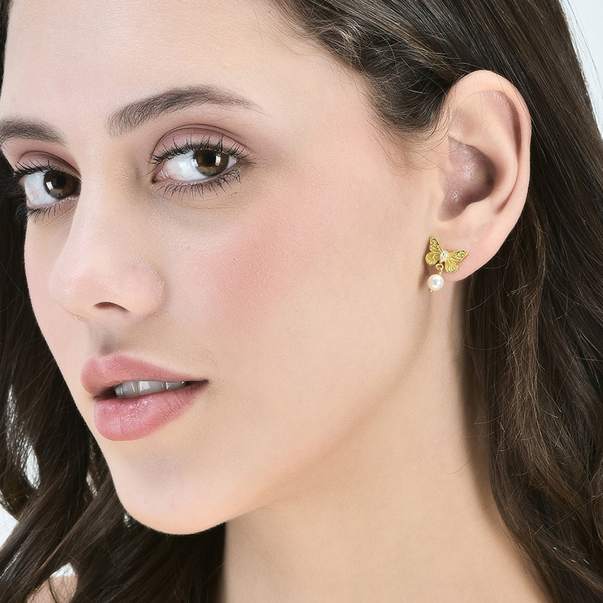 Pearl Drop Golden Butterfly Earring in 92.5 Silver (with 22k Gold Plating)