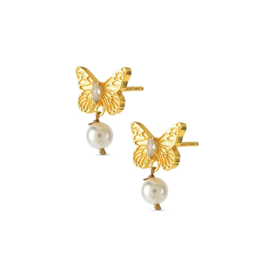 Set of Two - Golden Butterfly Ring & Pearl-drop Earring (with 22k Gold Plating)
