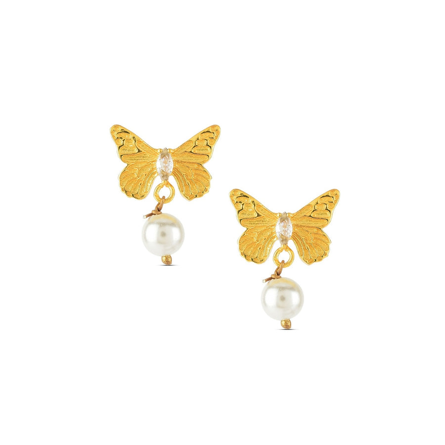 Set of Two - Golden Butterfly Ring & Pearl-drop Earring (with 22k Gold Plating)