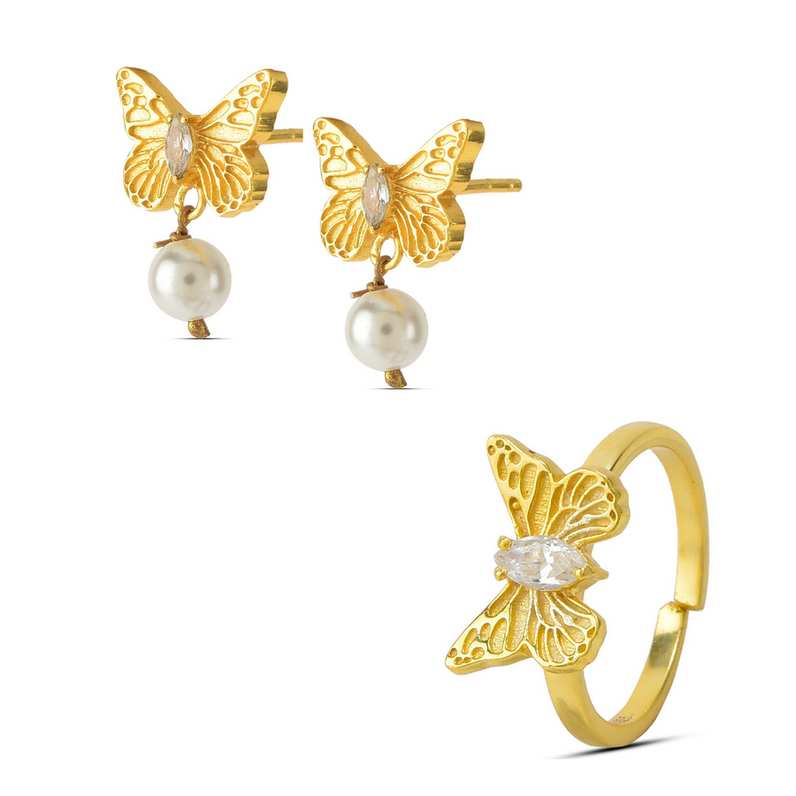 Set of Two - Golden Butterfly Ring & Pearl-drop Earring (with 22k Gold Plating)