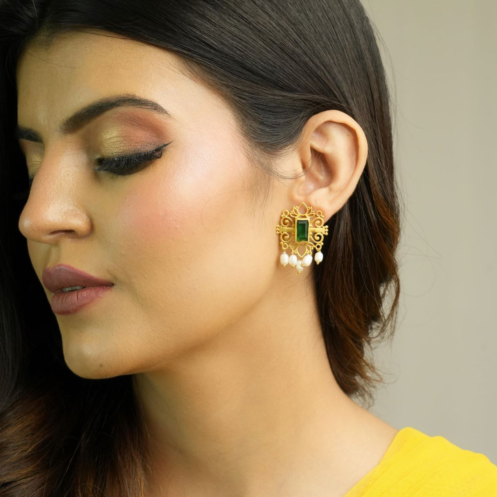 
            
                Load image into Gallery viewer, Green Shagun Ear Studs with Freshwater Pearls
            
        