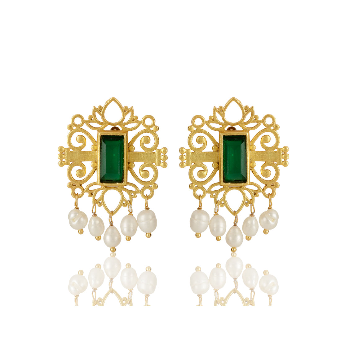 Green Shagun Ear Studs with Freshwater Pearls