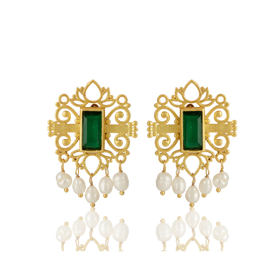 Green Shagun Ear Studs with Freshwater Pearls