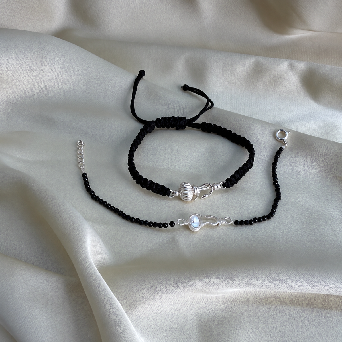 Couple Vayuputra Gada 92.5 Silver Bracelets with Black Onyx Beads