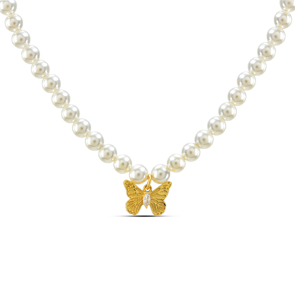 Pearly Golden Butterfly Necklace in 92.5 Silver