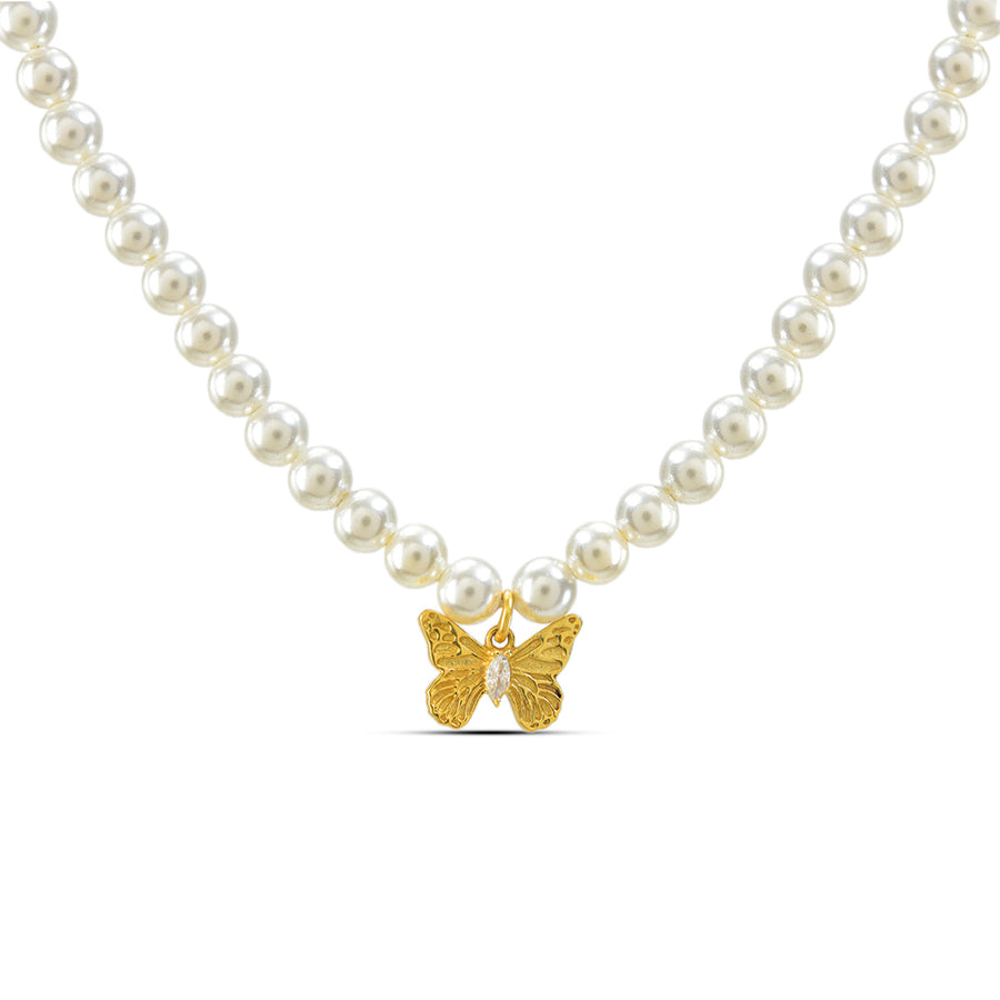 Pearly Golden Butterfly Necklace in 92.5 Silver (with 22k Gold Plating)