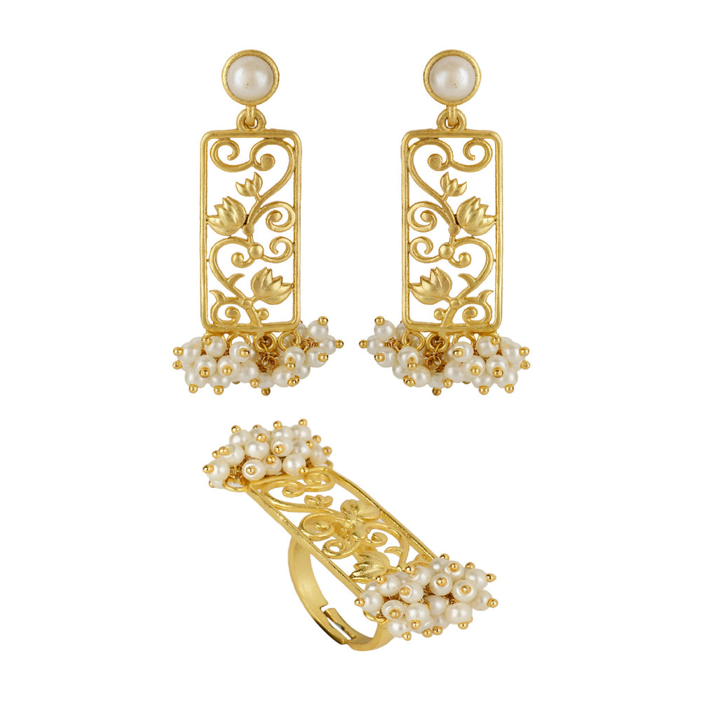 Rectangle Lotus Elegance Pearl Earrings & Ring Gift Set
