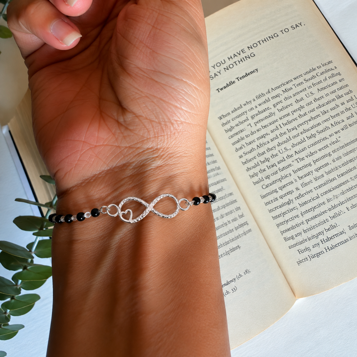 Shubh Infinite Love 92.5 silver nazariya bracelet with black onyx beads, Amaltaas