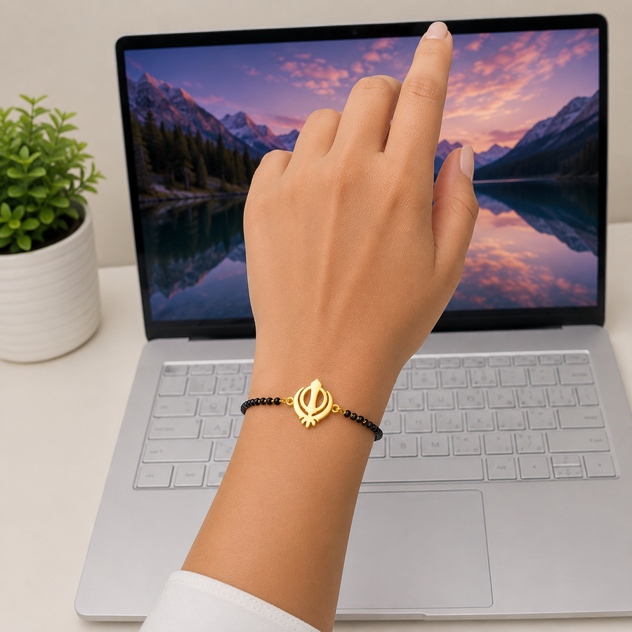 Women Khanda 22k Gold-plated Brass Bracelet with Black Onyx