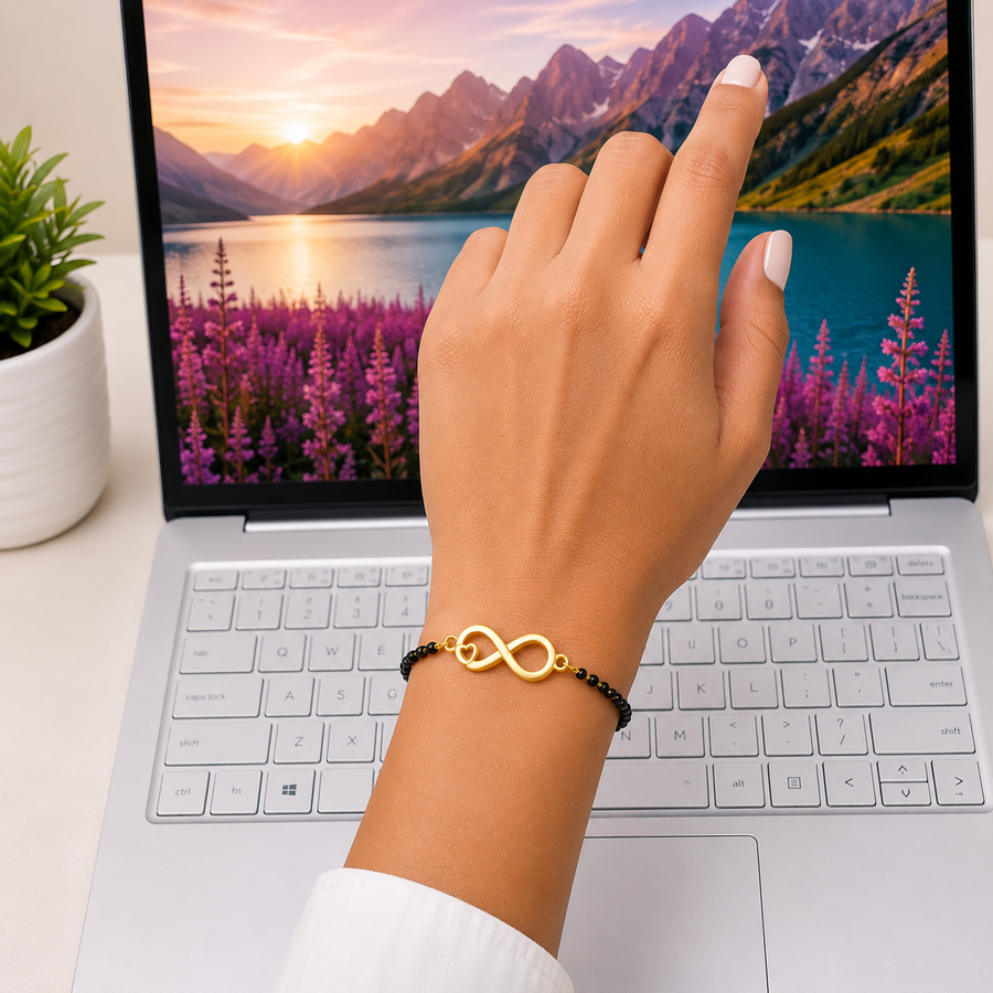 Women Infinite Love 22k Gold-plated Brass Bracelet with Black Onyx