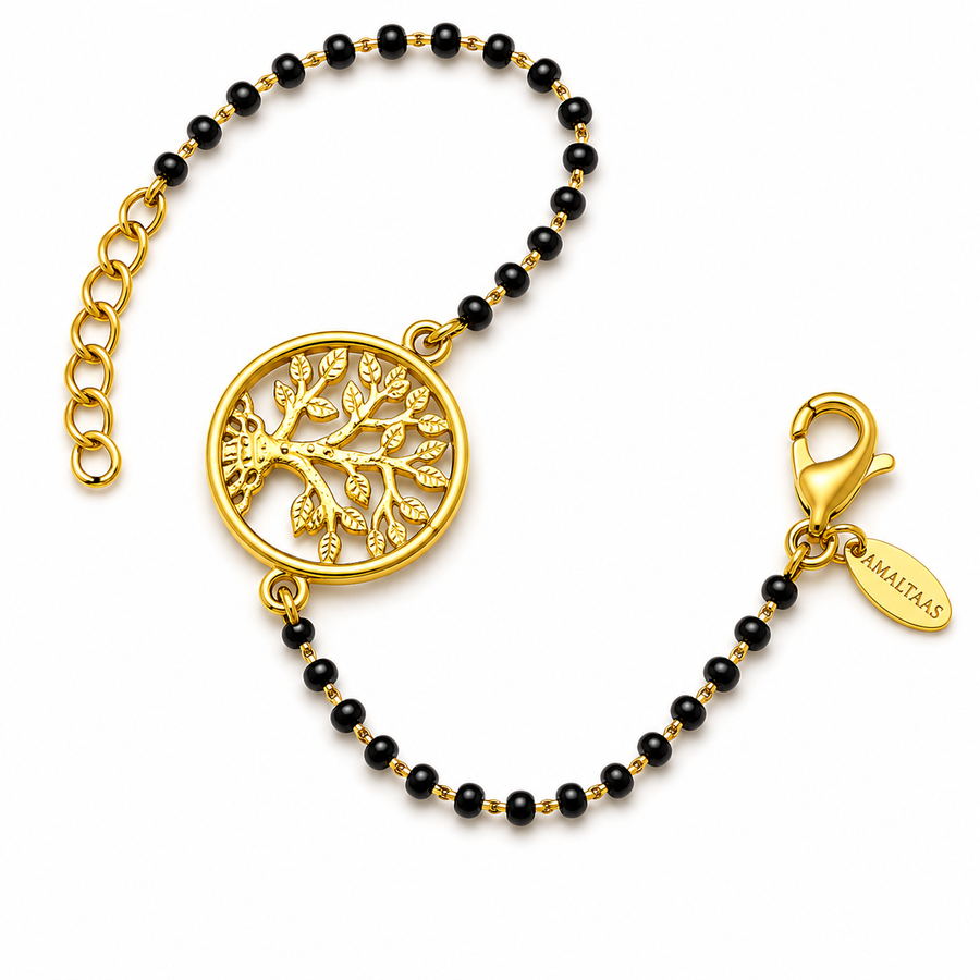 Women Tree of Life 22k Gold-plated Brass Bracelet with Black Onyx