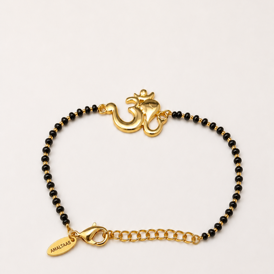 Women Shubh Om Ganesh 22k Gold-plated Brass Bracelet with Black Onyx