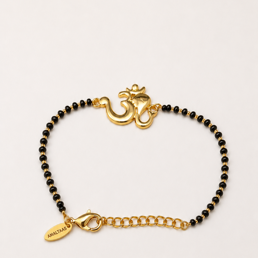 Women Shubh Om Ganesh 22k Gold-plated Brass Bracelet with Black Onyx