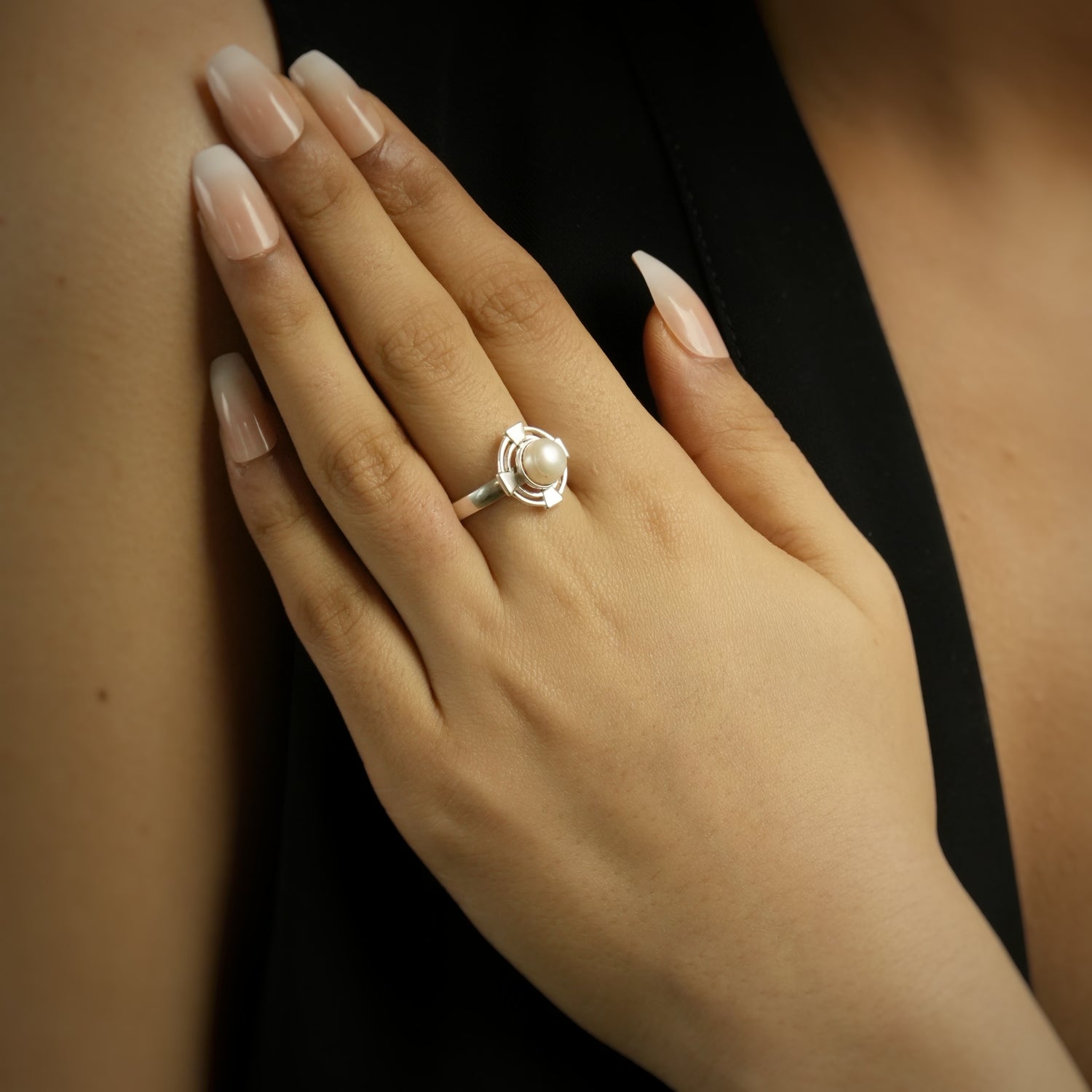 WOMEN RING - Studded Pearl 92.5 Silver Open Ring