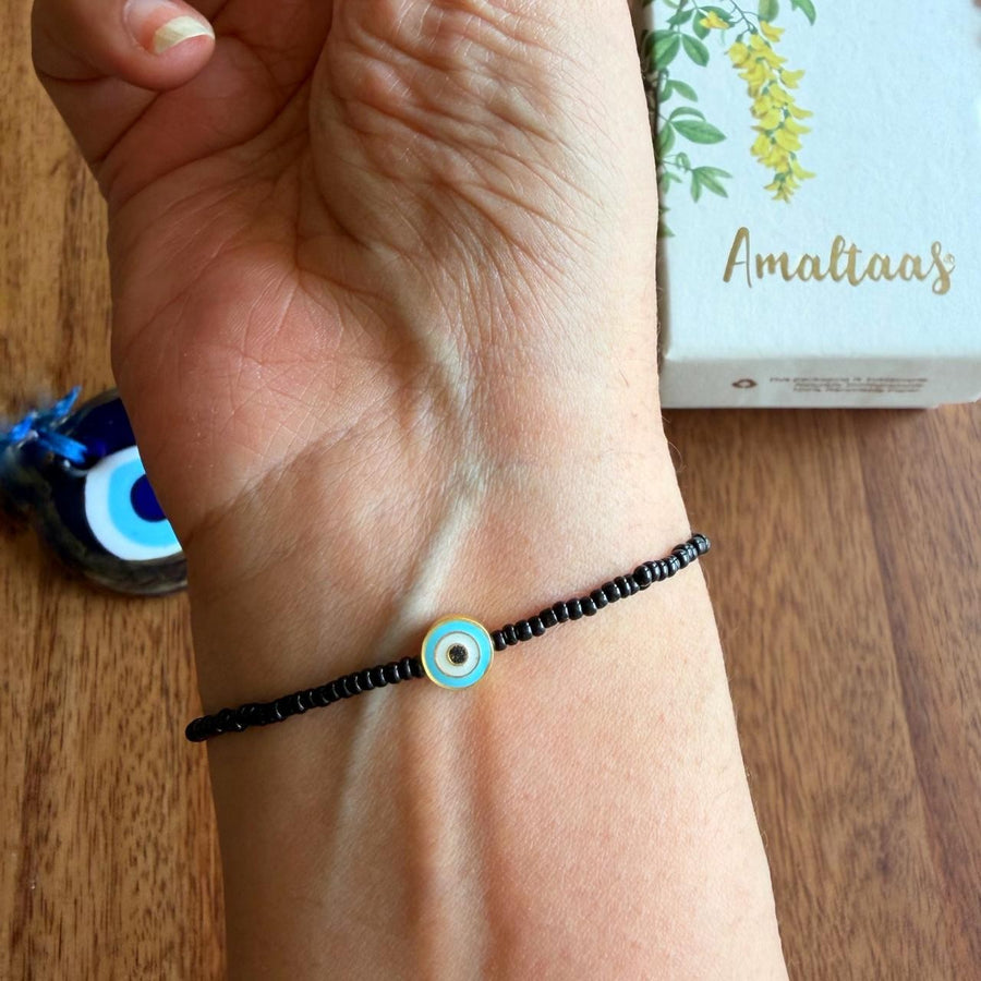Nazar Evil Eye Bracelet – Black Onyx Beads (Gold-Plated)