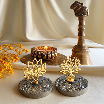 Growth Pair: Prosperity Lotus and Tree of Life in 22k gold-plated brass on natural pyrite gemstone, with diya and brass bell