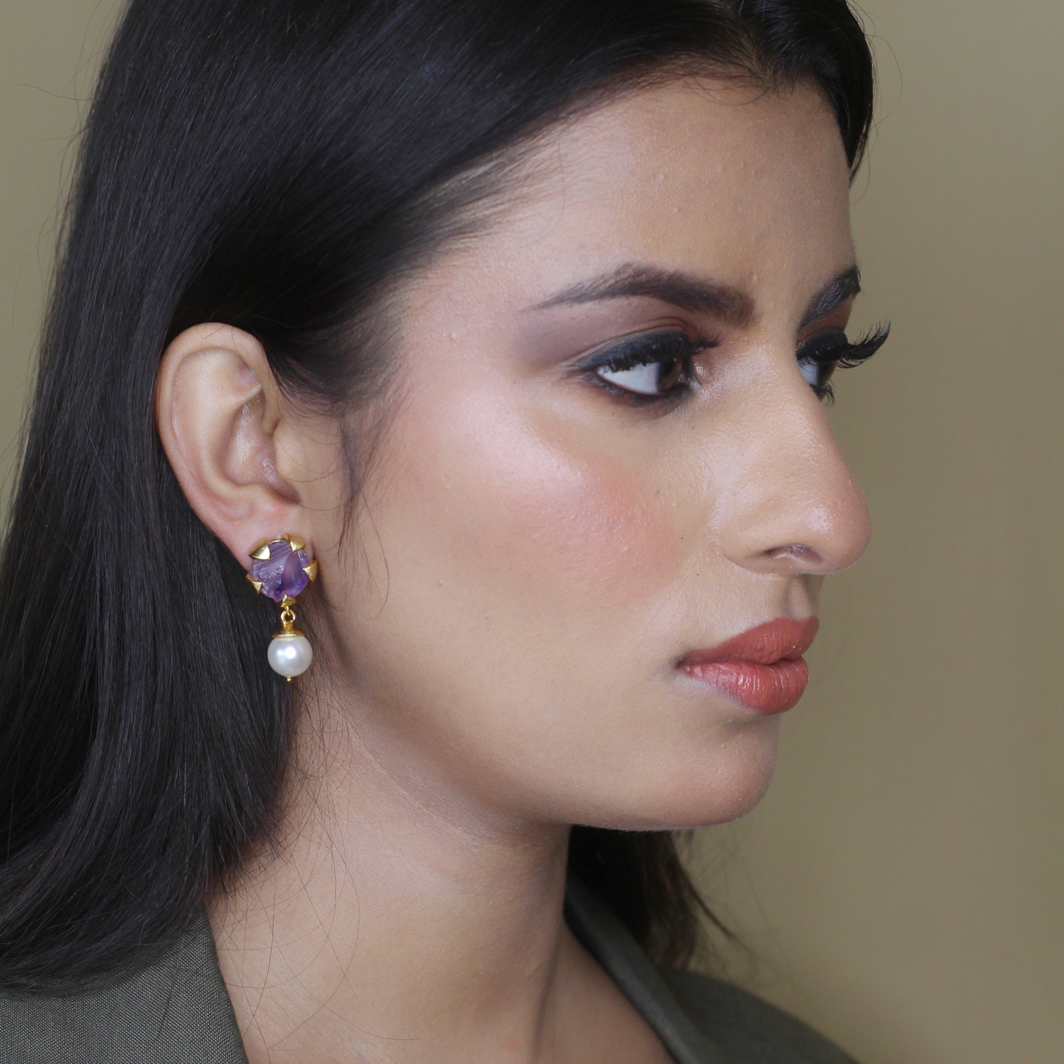 Amethyst Petal Pearl Earring