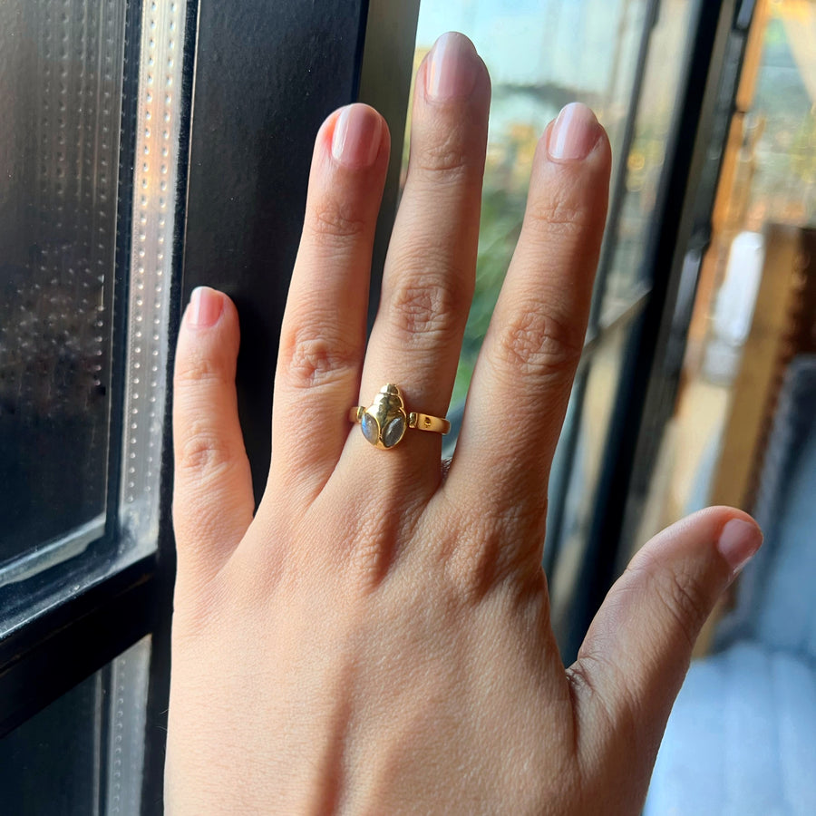 Lucky Ladybug  Labradorite 92.5 Silver Ring  with 22k Gold Plated