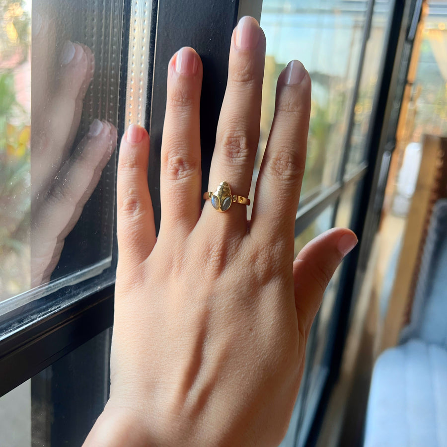 Lucky Ladybug  Labradorite 92.5 Silver Ring  with 22k Gold Plated