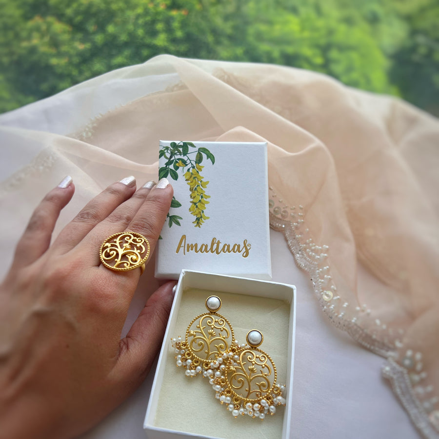 Round Lotus Bloom Pearl Earrings & Ring Gift Set