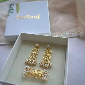 Rectangle Lotus Elegance Pearl Earrings & Ring Gift Set