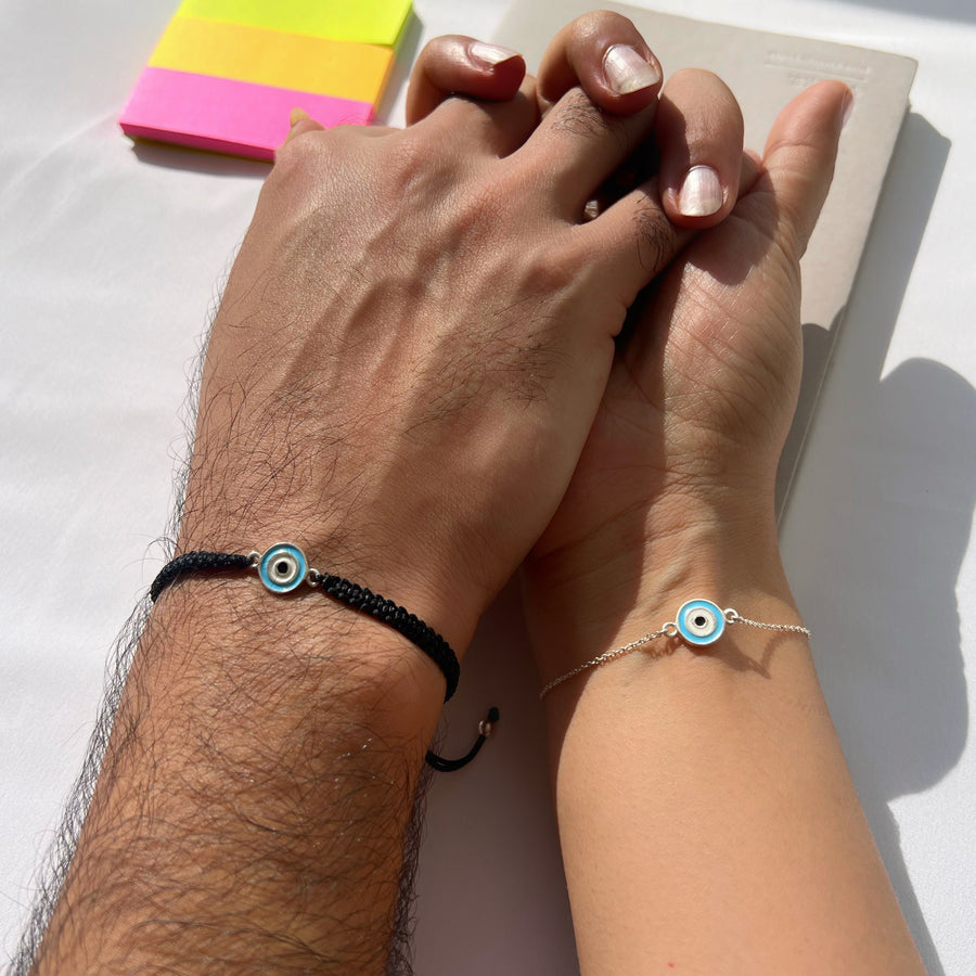 COUPLE - Nazar Guardian Silver Bracelets (with Chain for Women)