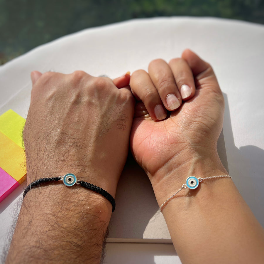 COUPLE - Nazar Guardian Silver Bracelets (with Chain for Women)