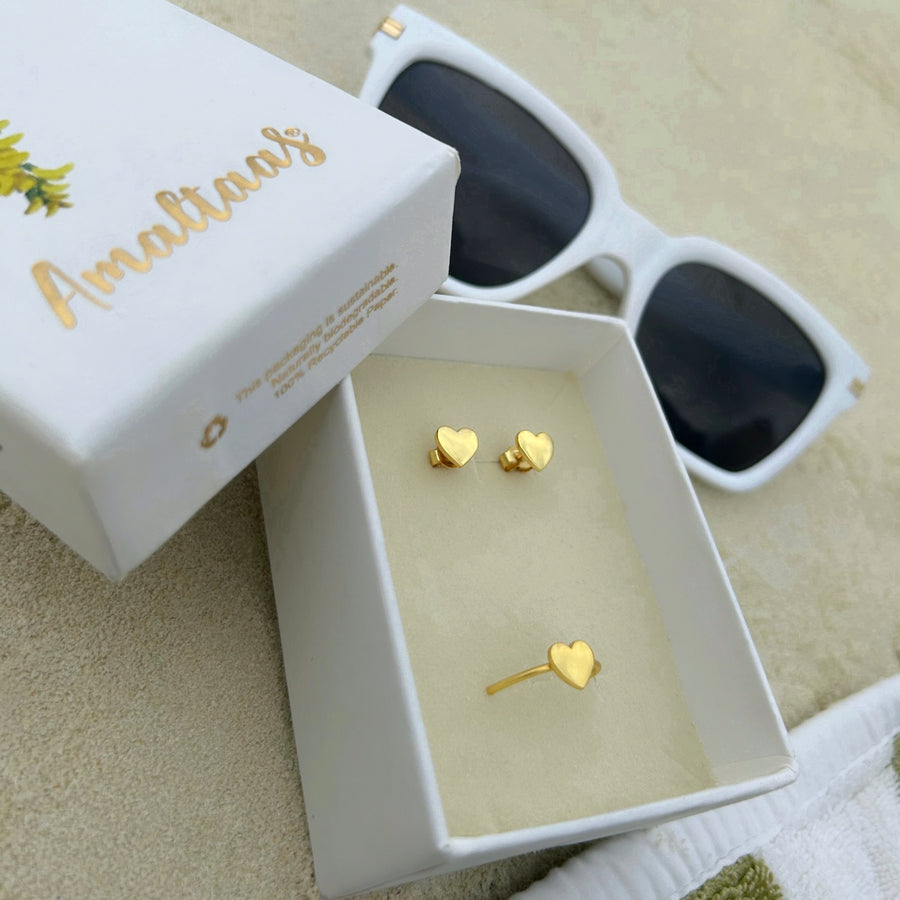 My Heart- Shaped Studs & Ring Set - 92.5 Silver (with 22k Gold Plating)