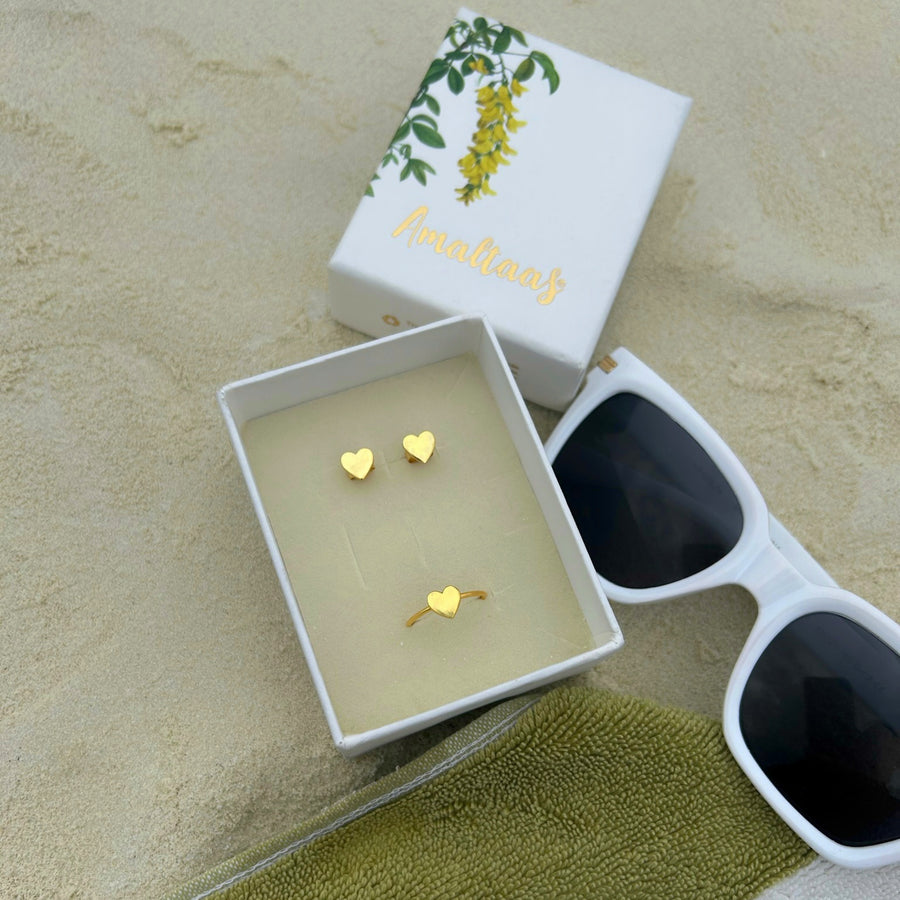 My Heart- Shaped Studs & Ring Set - 92.5 Silver (with 22k Gold Plating)