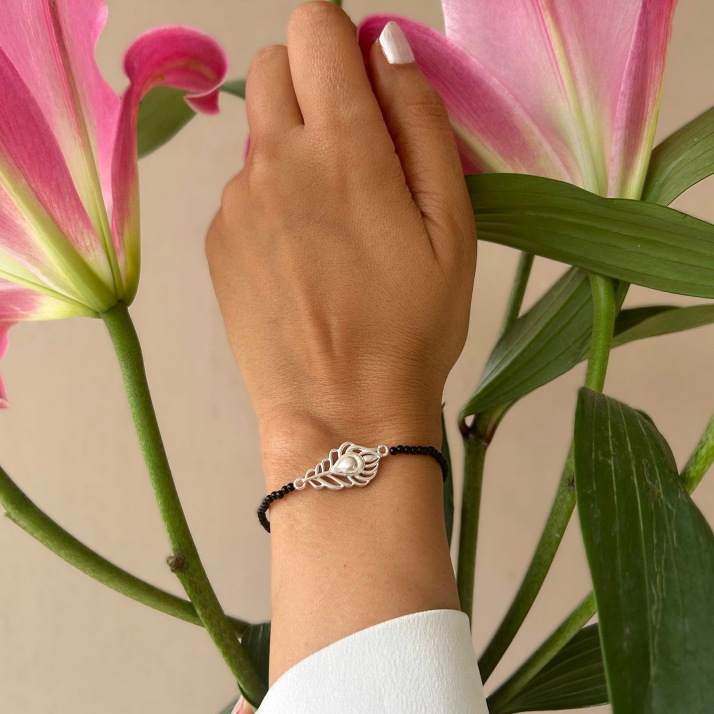 WOMEN- Kanha Morpankh 92.5 Silver Bracelet with Black Onyx Beads
