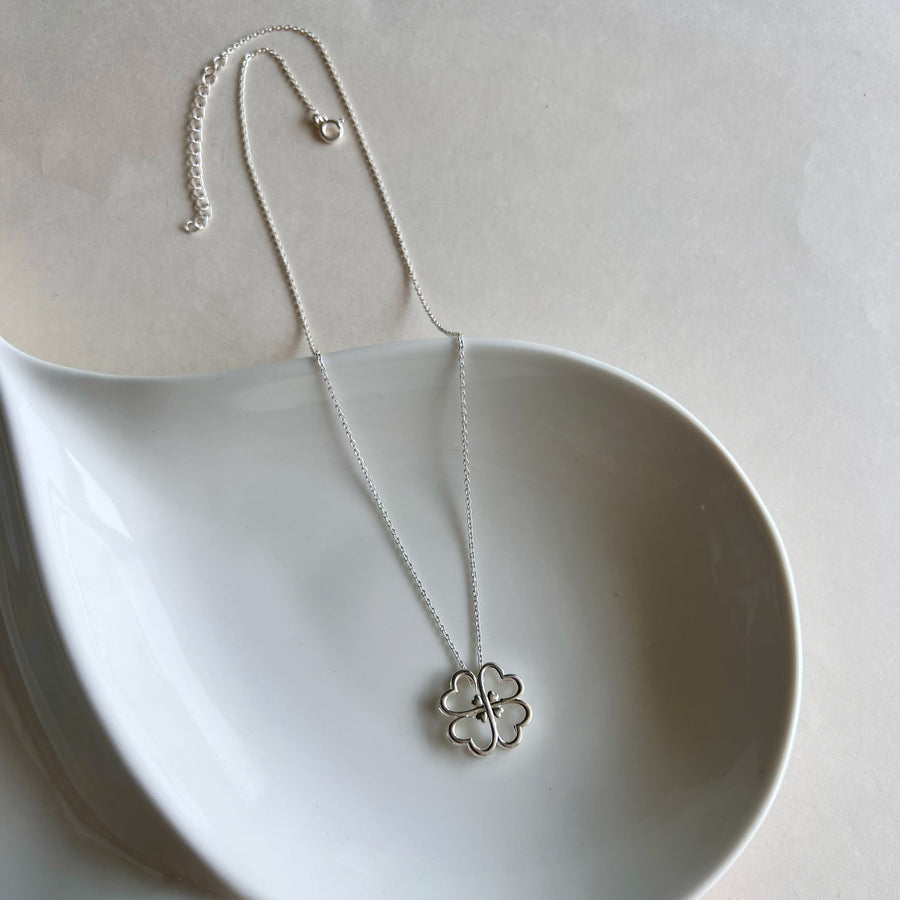 NECKLACE - Lucky Clover With Hearts in 92.5 Silver (With Silver Chain)