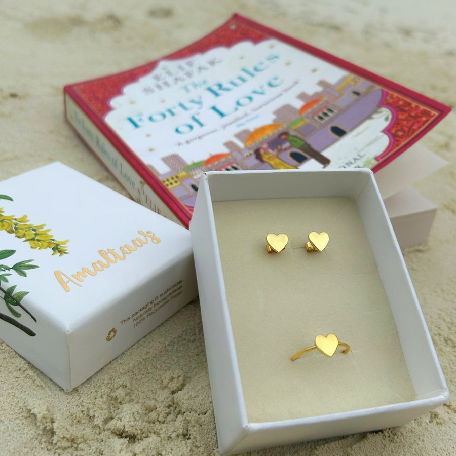 My Heart- Shaped Studs & Ring Set - 92.5 Silver (with 22k Gold Plating)