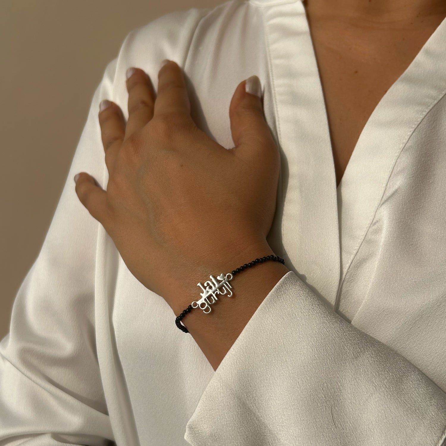 Women - Jai Guruji Blessings 92.5 Silver Bracelet with Black Onyx Beads