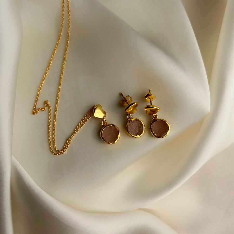 My Heart Rose-quartz Earring &  Necklace Set-92.5 Silver