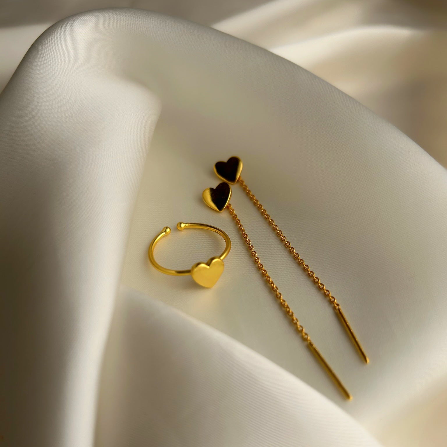 My Heart Thread Earring & Heart Ring - 92.5  Silver (with 22k Gold Plating)