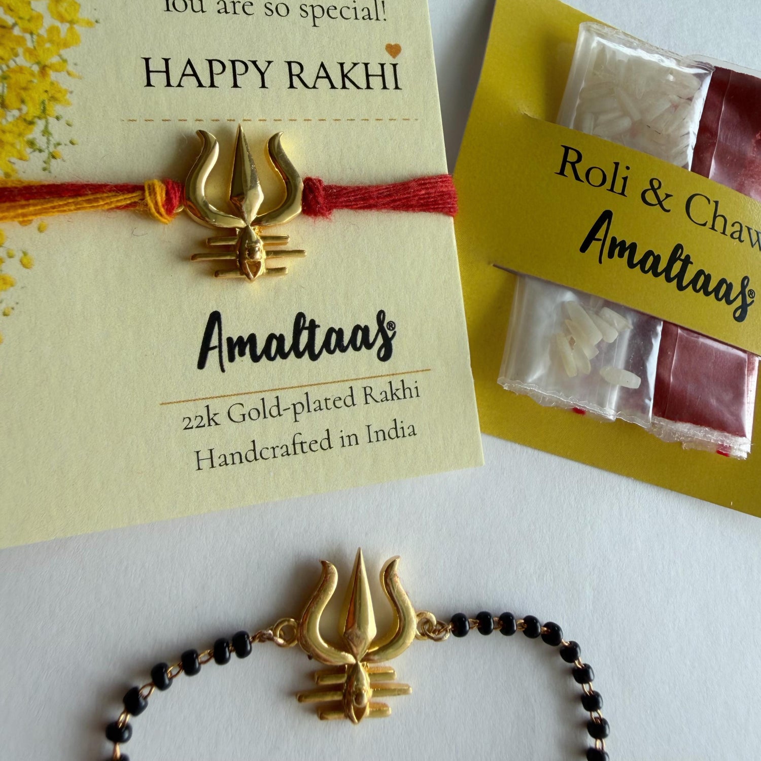 22K COMBO RAKHI - Trishul Gold-plated For Bhai & Bhabhi
