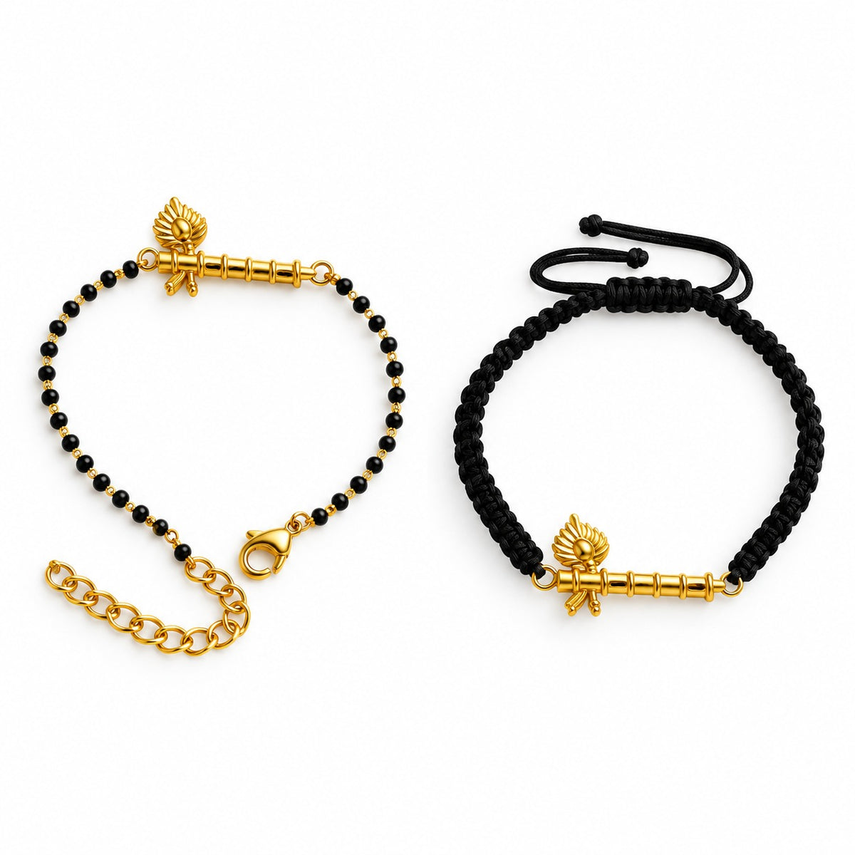 Couple Thakurji Bansuri 22k gold-plated brass bracelets with black onyx beads, Amaltaas