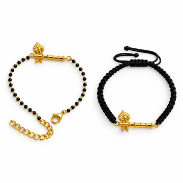 Couple Thakurji Bansuri 22k gold-plated brass bracelets with black onyx beads, Amaltaas