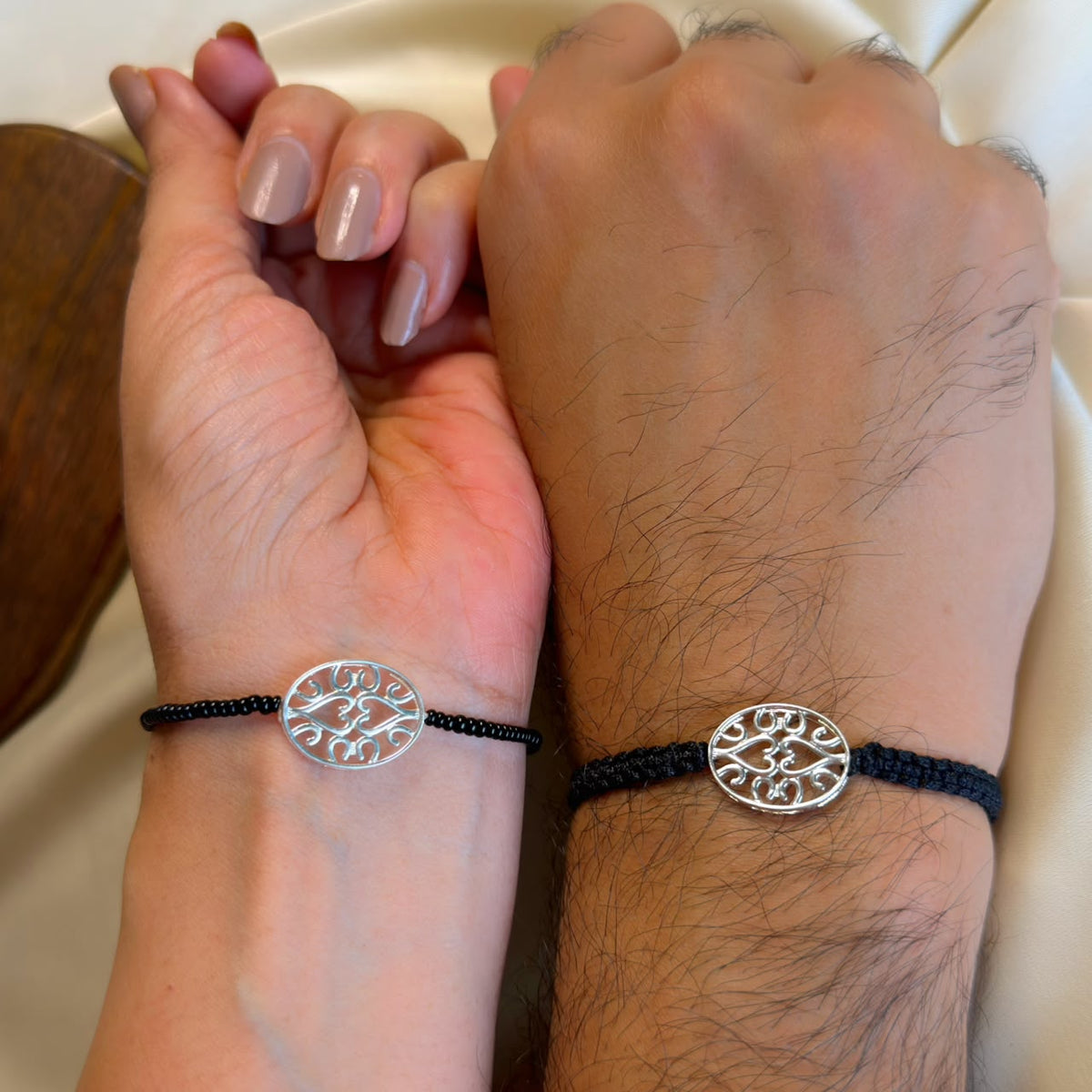 Couple EvilEye Heartline 92.5 silver bracelets, men's black thread and women's black onyx, Amaltaas