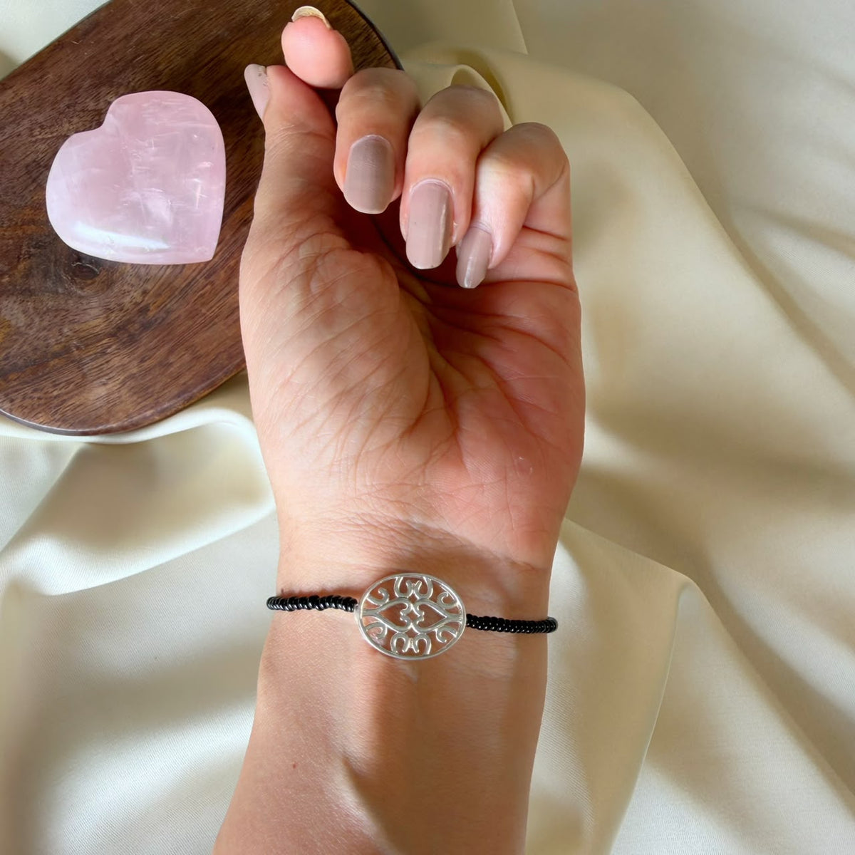 Women EvilEye Heartline silver bracelet worn, Amaltaas