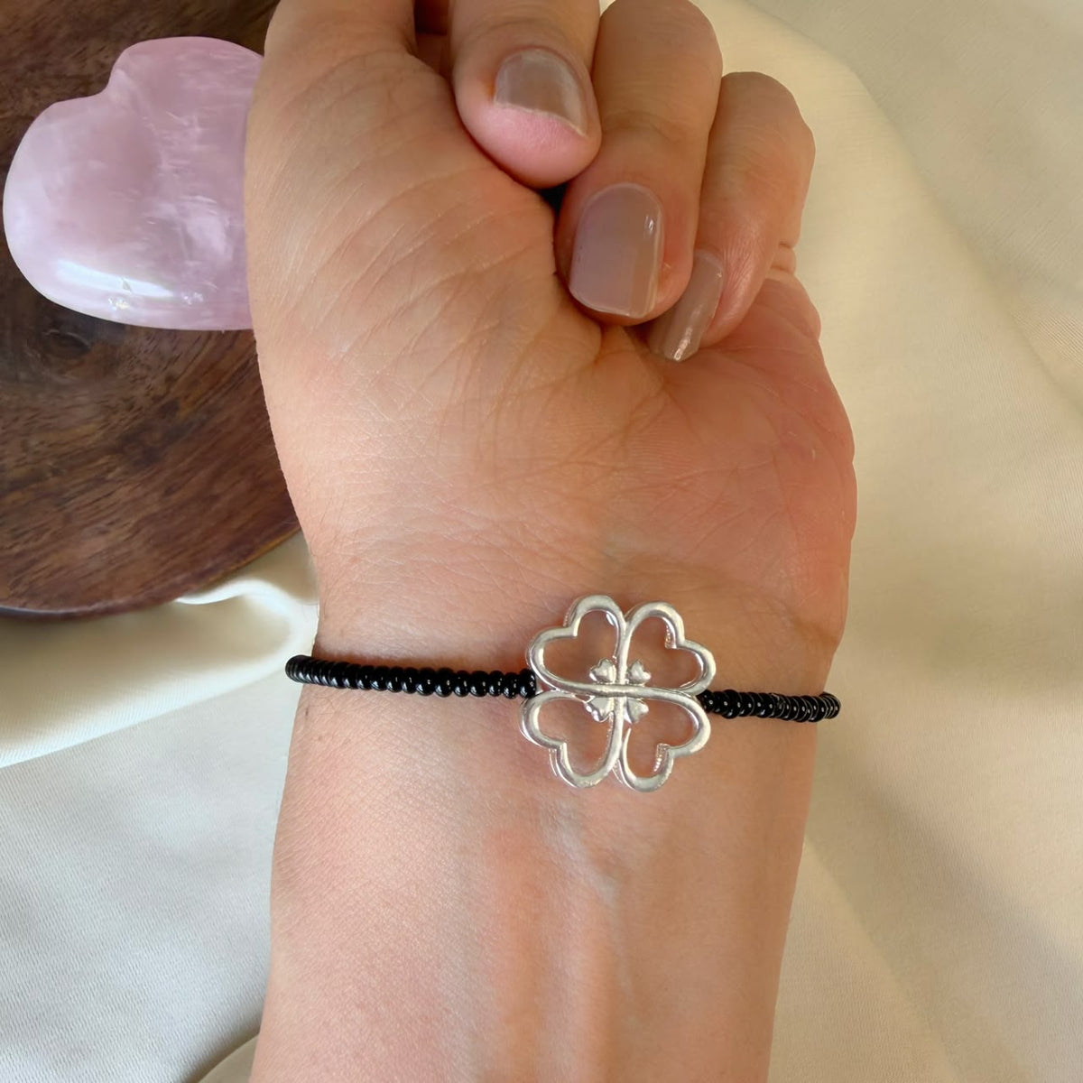 Women Lucky Clover silver bracelet worn, Amaltaas