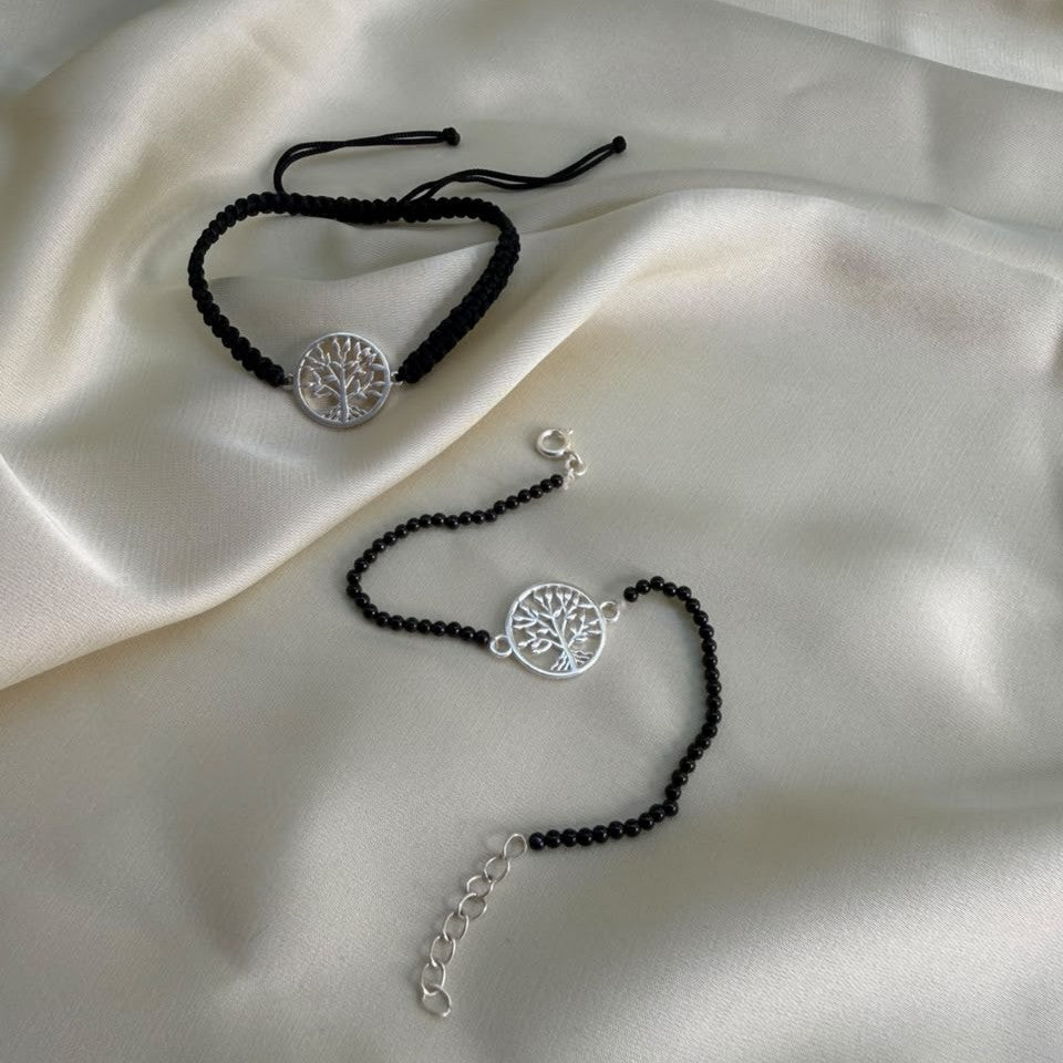Couple Tree of Life 92.5 Silver Bracelets with Black Onyx Beads