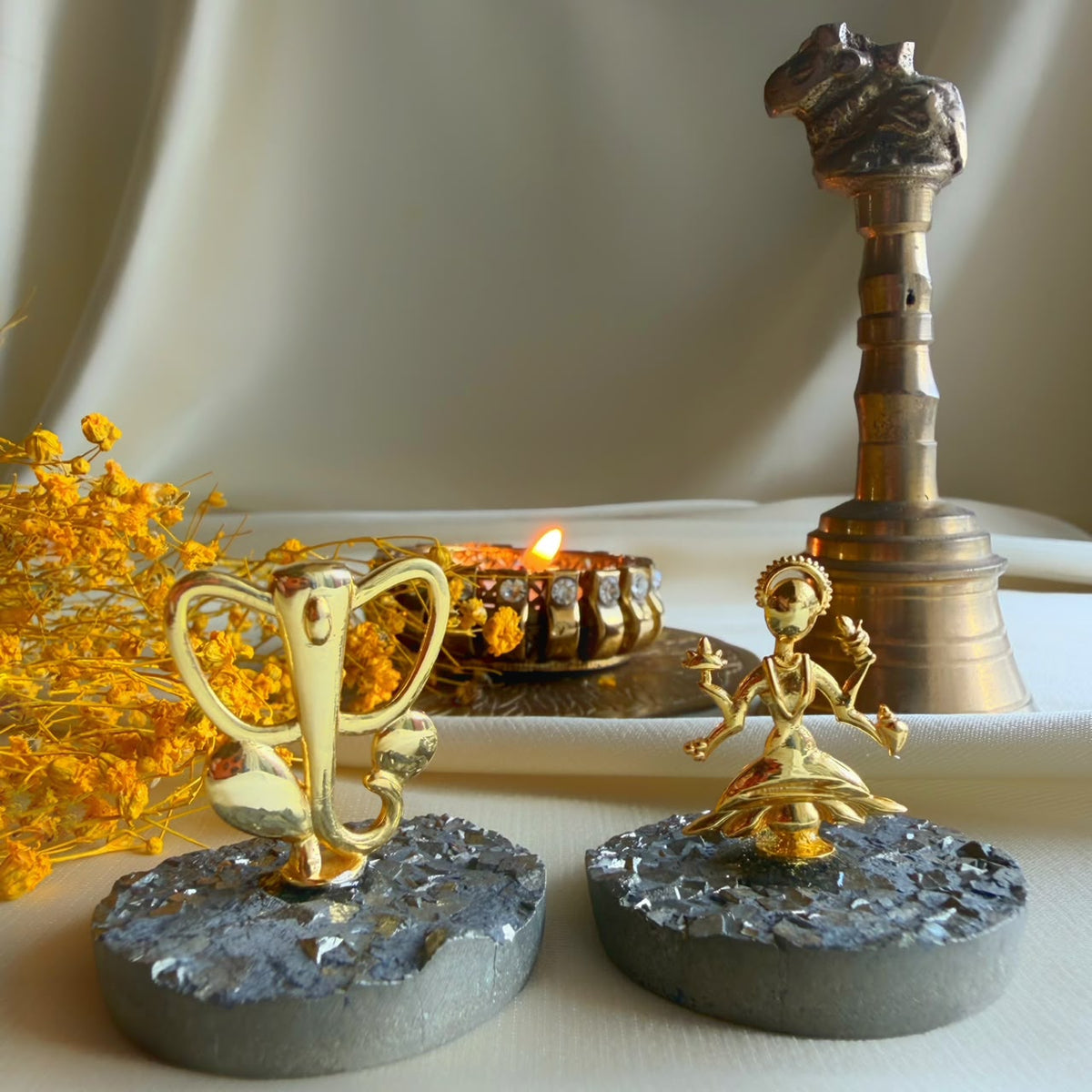 Maa Lakshmi and Ganesh Ji pair in 22k gold-plated brass on natural pyrite base