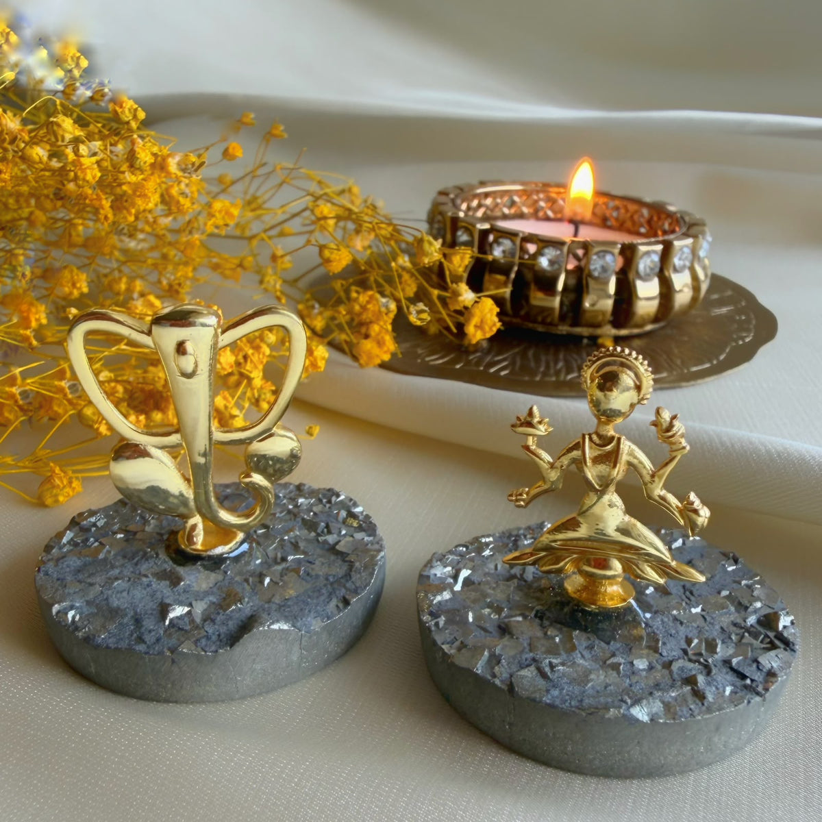 Ganesh Ji and Maa Lakshmi gold-plated motifs on natural pyrite, Diwali gift