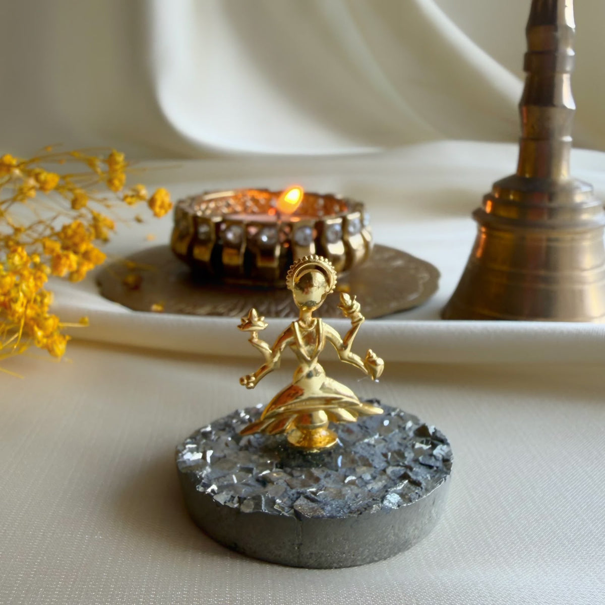 Maa Lakshmi in 22k gold-plated brass on natural pyrite gemstone, Prosperity Pair